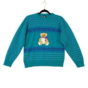 Jennifer‎ Adams 90s Teddy Bear Sweater Womens Sz M Knit Kei Kawaii Soft Girl